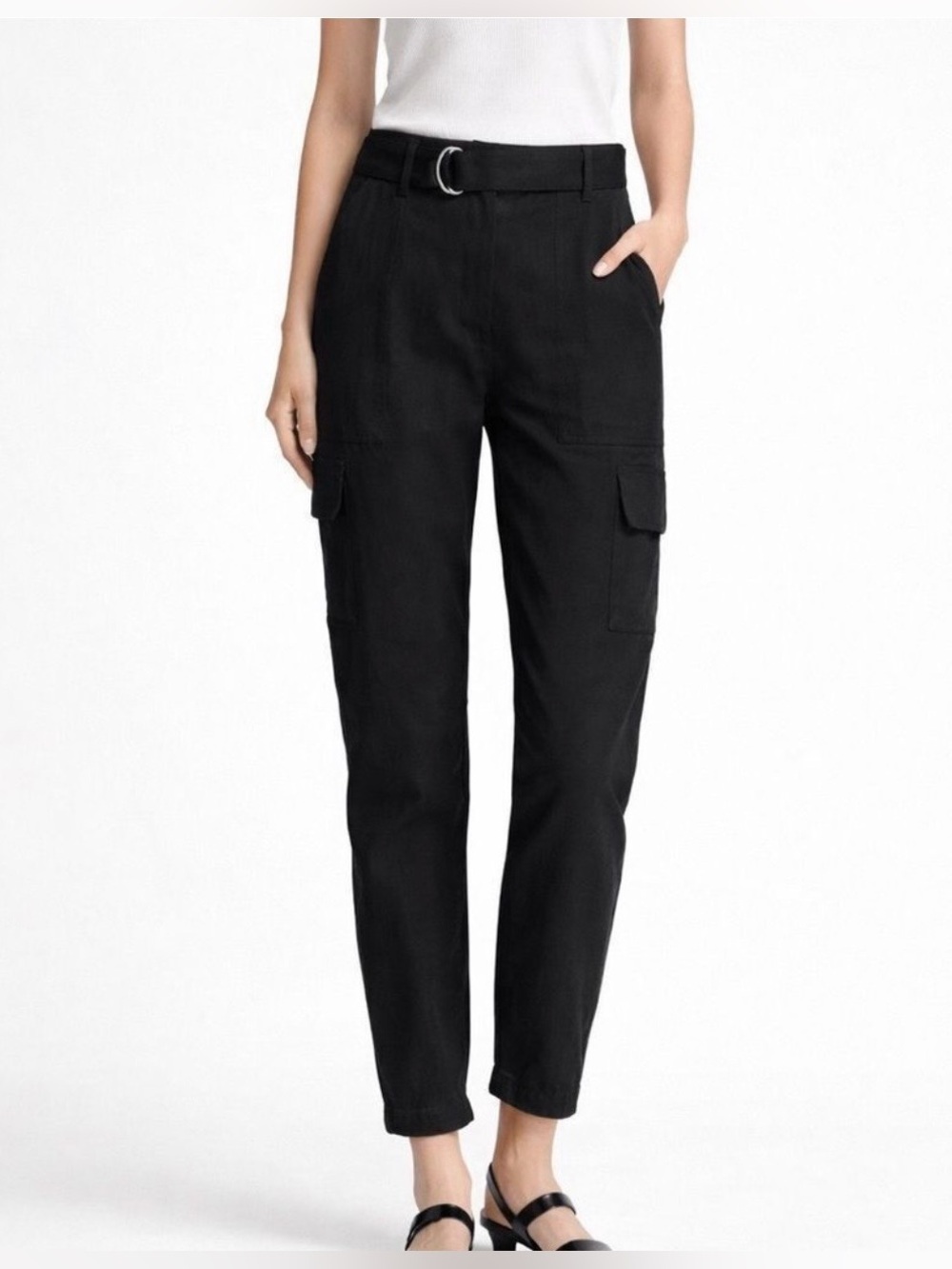 Theory Silk Black Cargo Ankle Pants with Belt.